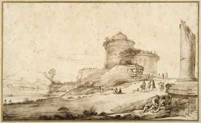 Landskab med en knækket søjle, et slot og talrige figurer i forgrunden til højre (pen & blæk på papir) af Guercino