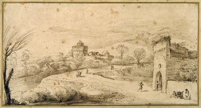 Landskab med et kreneleret porthus og en snoet vej (pen og blæk på papir) af Guercino