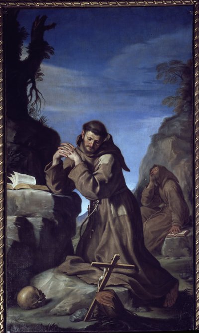 Saint Francois Adoring the Cross - Olie på lærred af Guercino