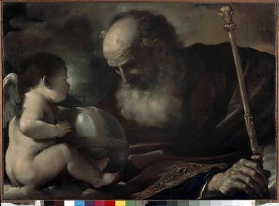 Den Almægtige Fader med en engel - Maleri af Barbieri Giovanni Francesco kaldet The Guerchin (1591-1666), olie på lærred, 66 x 91 cm af Guercino