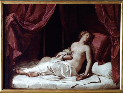 Dronning Cleopatras død Kleopatres selvmord Thea Philopator (69-30 f.Kr.), Dronning af det gamle Egypten - (Dronning Kleopatras død) Maleri af Guercino (Giovan Francesco Barbieri) (Guerchin) (1591-1666) 1737x Dim 1737 cm gener, Musei di Strada af Guercino