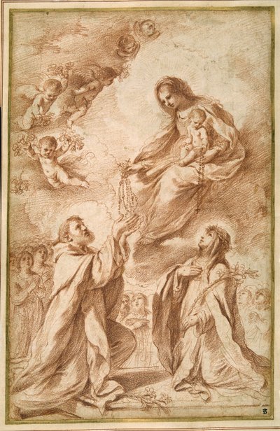 Madonna del Rosario med den hellige Dominikus og den hellige Katharina af Siena (rødkridt på papir) af Guercino