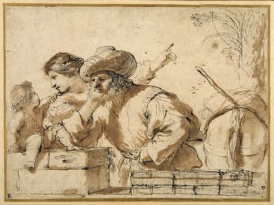 The Rest on the Flight (pen og blæk med vask på papir) af Guercino