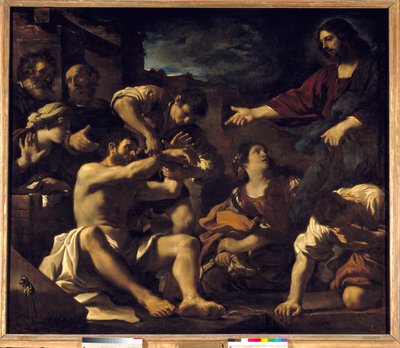 Lazarus opstandelse. Maleri af Giovanni Francesco Barbieri Guerchin dit Il Guercino (1591-1666). 1619 Søn. 2,01x2,33 m af Guercino