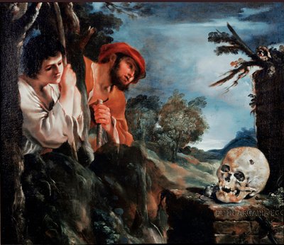 Hyrderne i Arcadia-mændene omkring en grav på den græske ø Peloponnes. Maleri (Vanita) af Giovanni Francesco Barbieri Guerchin ved Il Guercino (1591-1666) 1618 omkring Rom, Galleria Corsini af Guercino