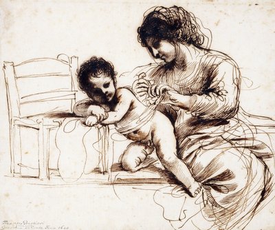 En mor og et barn ved en stol, af Guercino