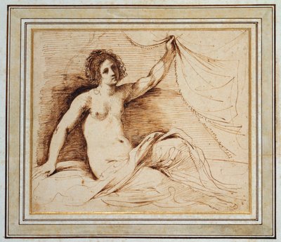 En tilbagelænet nøgen kvinde løfter et gardin af Guercino