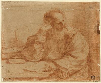 Skægget mand sidder ved bordet af Guercino