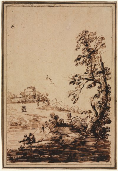 Landskab med lille gruppe bygninger, anden halvdel af 1700-tallet. af Guercino