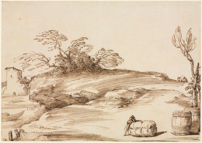 Landskab med en mand lænet op på en balle, ca. 1640. af Guercino