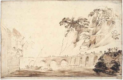 Landskab med en flod krydset af en bro, beklædt med tilskuere, der fører til en bygning med en overhængende loggia med en gruppe tilskuere af Guercino