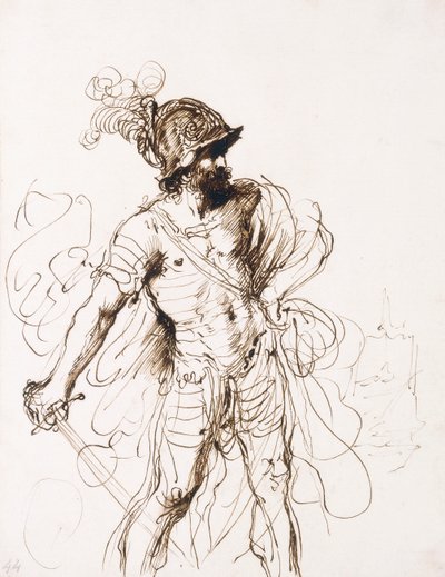 Mars, hans sværd trukket, drejet til højre, af Guercino