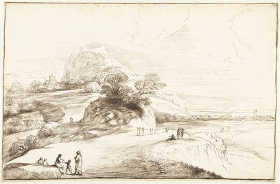 Bjerglandskab med en fjern udsigt af Guercino