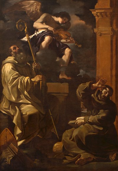 Sankt Benedikt og Sankt Frans lytter til en musikerengel. af Guercino
