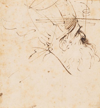 Skitse af hovedet af en gejstlig med bispehue, der ser op mod højre af Guercino