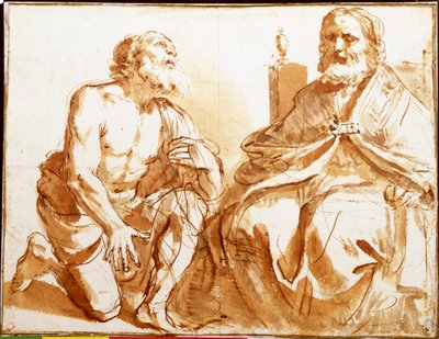 Siddende biskop og knælende helgen af Guercino
