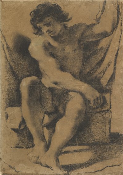 Siddende nøgen ung mand i næsten frontal udsigt, ca. 1618. af Guercino