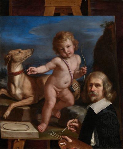 Selvportræt foran et maleri af »Amor Fedele« af Guercino