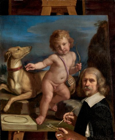 Selvportræt før et maleri af Amor Fedele, 1655. af Guercino