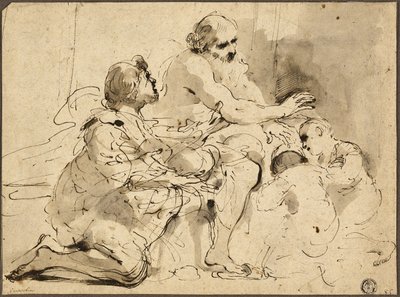 Studie for Jakob velsignelse af Josefs sønner (recto); Skitser: Sankt Christopher; To figurer i samtale om penge (verso) af Guercino