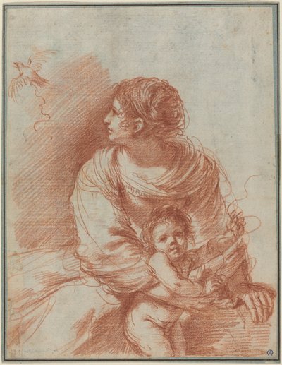 Madonna med barnet og en undsluppet stillits af Guercino