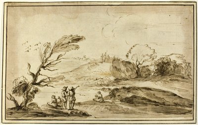 To grupper af figurer i et landskab af Guercino