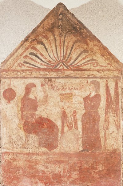 Maalattu hautakivi, jossa nainen istuu valtaistuimella pyörimässä, Andriuolo-Laghetto Paestumista Campaniasta Italiasta af Guglielmo Bilancioni