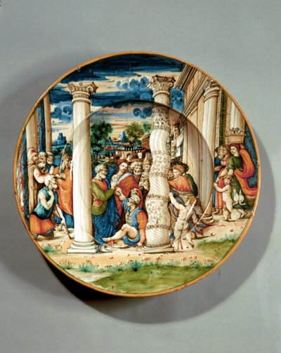 Fad med Peter og Johannes, der helbreder den lamme mand ved templet, ca. 1540-50 (maiolica) af Guido Di (workshop of) Merlino