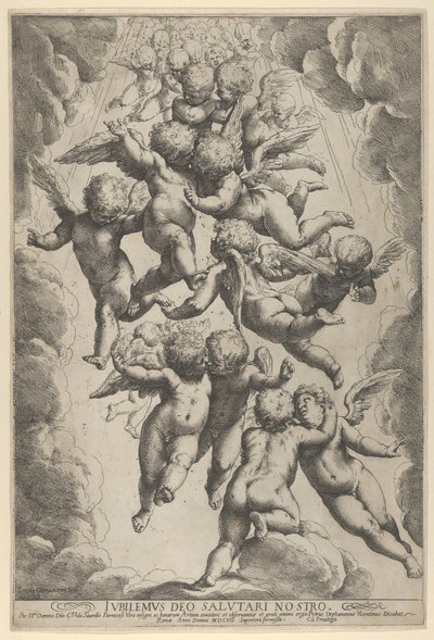 En gruppe engle, der omfavner sig under flugten, indrammet af skyer, ca. 1607., ca. 1607. af Guido Reni