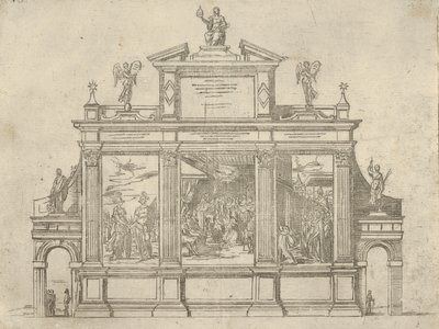 Facade af et triumfmonument med tre scener, der viser pave Clemens VIII