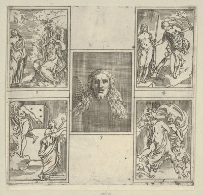 Fem nummererede scener, hver efter en maler i Accademia Degli Incamminati, fra IL FUME..., 1603. af Guido Reni