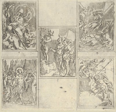 Fem nummererede scener, hver efter en maler i Accademia Degli Incamminati, fra IL FUME..., 1603. af Guido Reni
