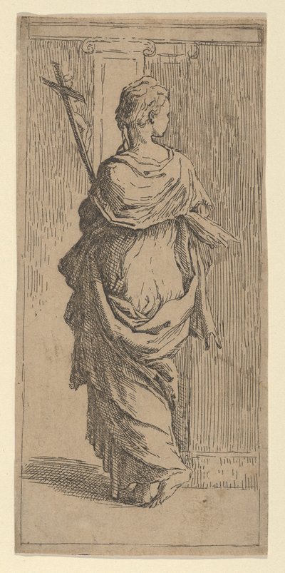 Pige, der bærer et krucifiks og træder mod en pilaster, set bagfra, ca. 1590-1600. af Guido Reni