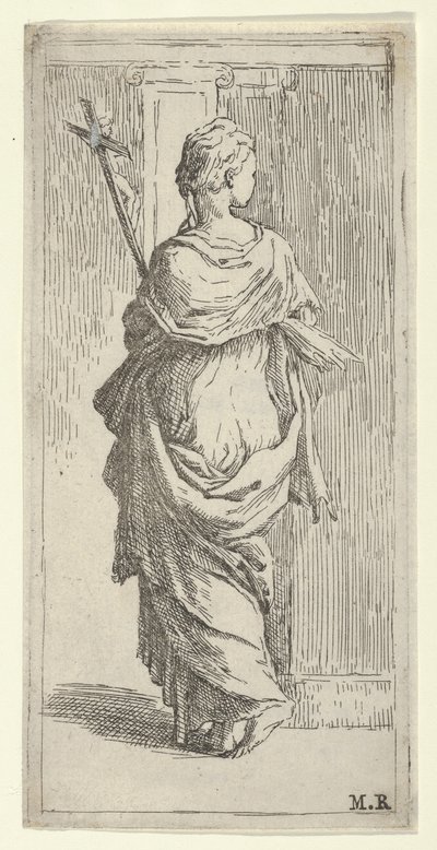 Pige, der bærer et krucifiks og træder mod en pilaster, set bagfra, ca. 1590-1600. af Guido Reni