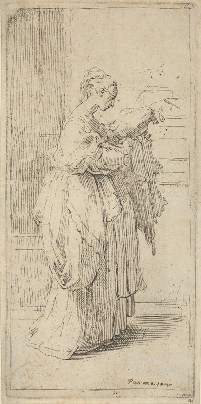 Pige med hynde, set i profil mod højre, 1590-1690. af Guido Reni