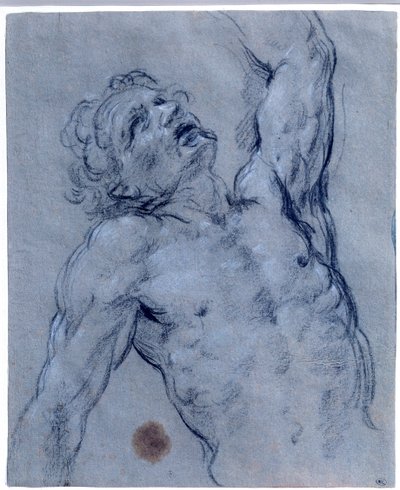 Halvfigur af nøgen mand, vender tilbage og foregiver at lide. Sort stentegning af Guido Reni kaldet Guiden (1573-1642). Søn 0,26x0,21 m Paris, museum du Louvre af Guido Reni