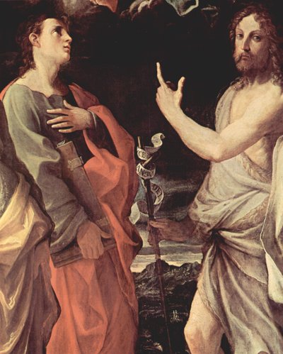 Italiensk: Jomfruens kroning med de hellige Johannes Evangelisten, Johannes Døberen, Bernhard og Katarina af Alexandria, detalje: Johannes Evangelisten og Johannes Døberen af Guido Reni