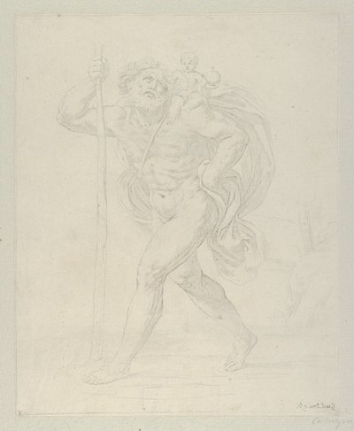 Sankt Christopher gående med spædbarnet Kristus på venstre skulder, modpro..., ca. 1600-1640. af Guido Reni