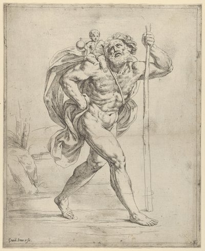 Sankt Christopher går med spædbarnet Kristus på sin højre skulder, ca. 1600-1640. af Guido Reni