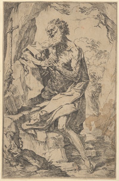 Sankt Hieronymus knæler på en sten foran et kors og en åben bog mod venstre,..., ca. 1600-1640. af Guido Reni