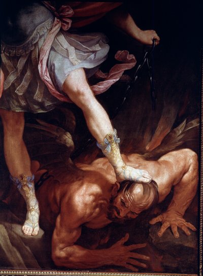 Sankt Michael knuser dæmonens hoved. Detalje af sandalskoene (Silkemaleri af Guido Reni