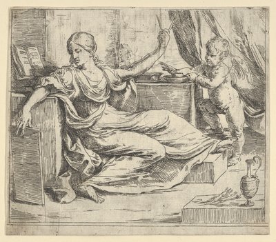 Siddende kvinde holder en tablet og kompas allegori om læring, en bevinget putto ..., ca. 1600-1640. af Guido Reni