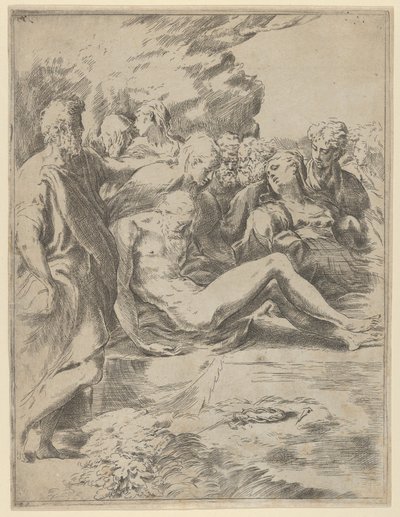 Begravelsen, Kristus med strakte ben, Jomfruen til højre, 1590-1600. af Guido Reni