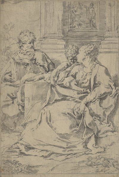Den hellige familie sad sammen foran en søjlegang, Saint Joseph læste og..., ca. 1590-1610. af Guido Reni