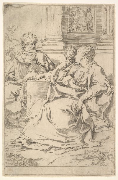 Den hellige familie med bibelsk scene i baggrunden. af Guido Reni