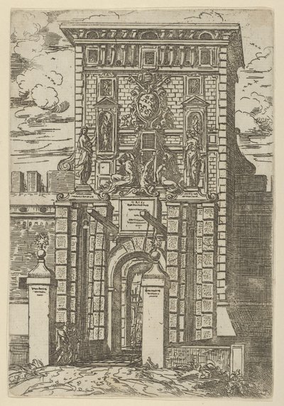 Porta Galliera, indgangsporten til Bologna og vindebroen med midlertidige dekorationer..., 1598. af Guido Reni