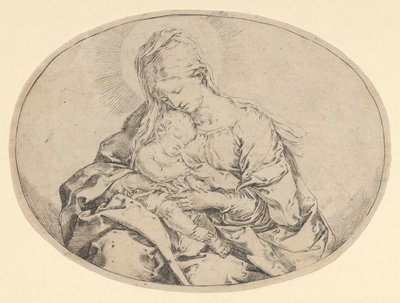 Jomfruen holder spædbarnet Kristus, en oval komposition, ca. 1600-1640. af Guido Reni
