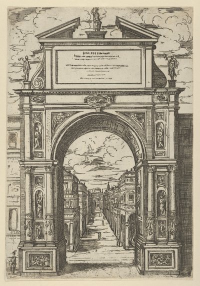 Triumfbue overvundet af en statue, der repræsenterer byen Bologna, bygninger set fra..., 1598. af Guido Reni