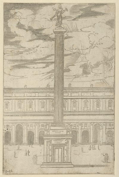 Triumfsøjle med berømt kvindeskikkelse, der holder en trompet øverst, en midlertidig dekoration..., 1598. af Guido Reni