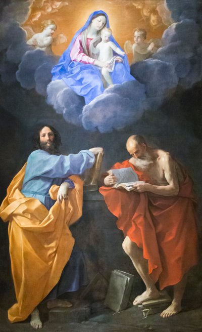 Virgin in Glory med de hellige Thomas og Hieronymus (olie på lærred) af Guido Reni